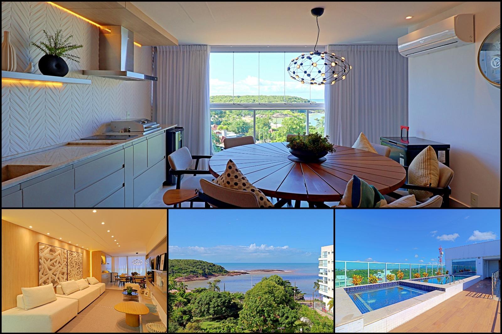 Apartamento à venda, vista para o mar, 4 suítes, área de lazer, 3 vagas e acabamento espetacular na Praia da Bacutia, Enseada Azul em Guarapari -ES