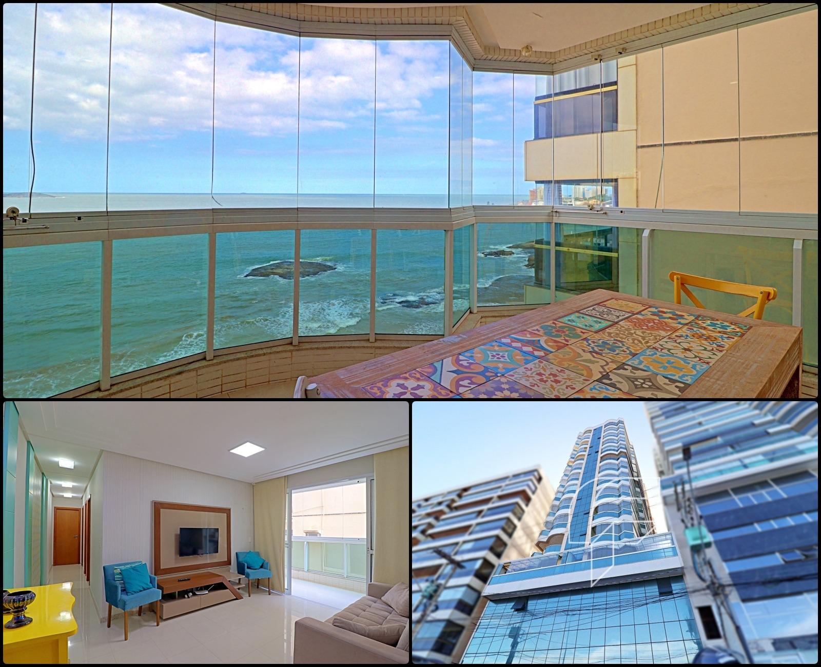 Apartamento à venda de frente para a Orla da Praia do Morro, vista panorâmica, de 130 m², 3 quartos, 1 suíte, varanda gourmet, em Guarapari-ES
