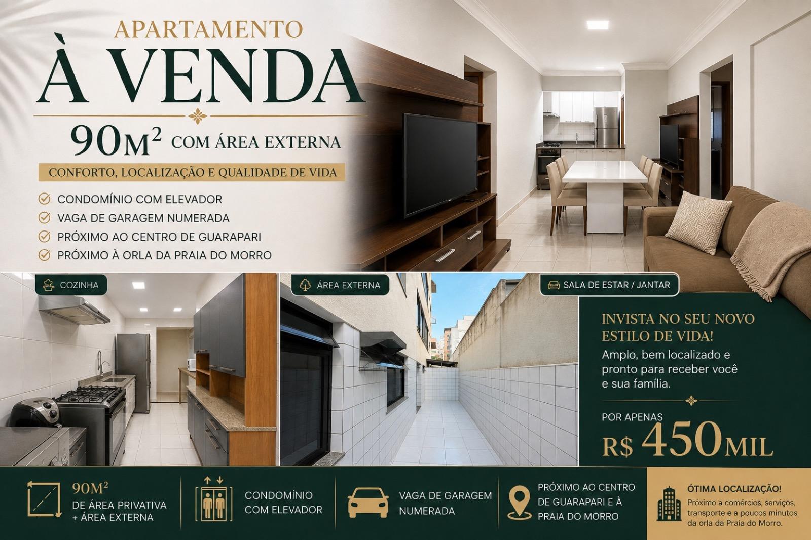 Apartamento à venda com área externa, 90m², 2 quartos, 1 suíte, 1 sala, 2 banheiros, 1 vaga, . Confira já!